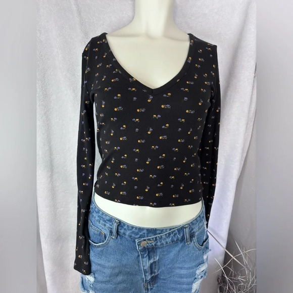 Floral Long Sleeve Top V‎ Neck Ribbed Knit Lightweight Comfy  Soft - Picture 1 of 4